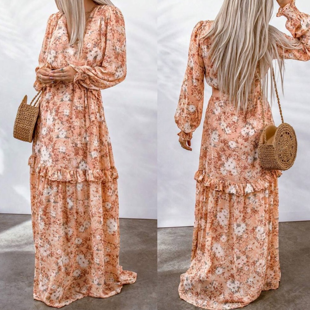 Boho floral print cutout waist maxi dress